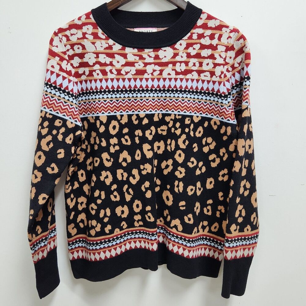 Andree By Unit Womens Crewneck Sweater Size M Boho Animal Print Southwest